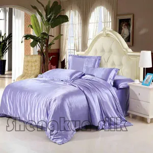 100% शहतूत रेशम बिस्तर शीट सेट लैवेंडर बैंगनी रंग Duvet कवर फ्लैट शीट रानी आकार
