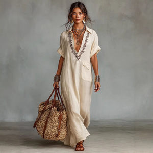 Vestido Maxi para Mujer Maining, Bordado Floral, Cuello en V, Manga Media, Vestido Informal Estilo Boho, Vestido Túnica de Playa con Bolsillo - Product Image 1
