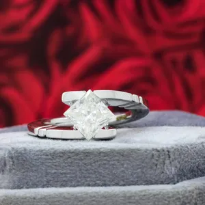 1,88 Ct D princesa blanca Moissanite anillo tensión conjunto princesa corte Moissanite solitario boda y anillo de compromiso - Product Image 2