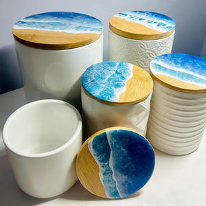 Sous-verres et couvercles de bocaux en bois, motif vague océanique, faits à la main |   Couvre-tasses en bois d'acacia/olivier au design <span class=keywords><strong>plage</strong></span> en résine - Product Image 3