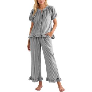 FOXA Womens Striped Pajama Set 2 Piece Cotton Ruffle Button <b>Down</b> Top Long <b>Pants</b> Soft Sleepwear With Pockets - Product Image 1