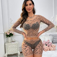 Vente chaude femmes Sexy maille ensemble peau ton imprimé léopard deux pièces ensemble maille vêtements Sexy Lingerie