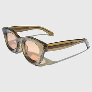 Yeetian Acetate Eyewear Rhuded Bevel Design Olive Green Custom Sunglasses Logo Round Thick Frame Sunglasses