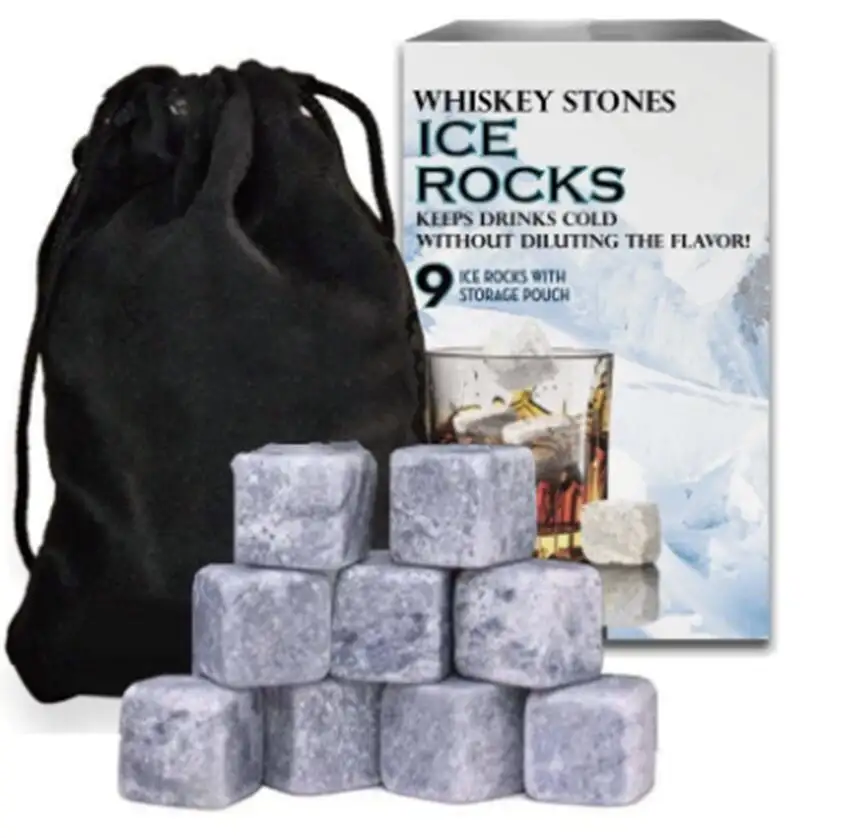 9 piezas de piedra de jabón de granito Natural Vodka Tequila whisky dados cubo de hielo piedra roca para vino frío en bolsa de terciopelo