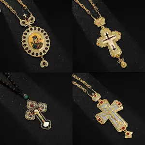 זהב רוסי יווני אורתודוכסי ישוע האלים אייקון צלב חזה שרשרת תליון למתנה הרוחנית של הבישוף של הכנסייה
