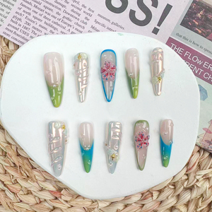Lot de faux ongles à presser, longs, forme amande, vert <span class=keywords><strong>bleu</strong></span> ombré, avec accessoires d'art ongulaire 3D effet feu d'artifice et aurore - Product Image 2