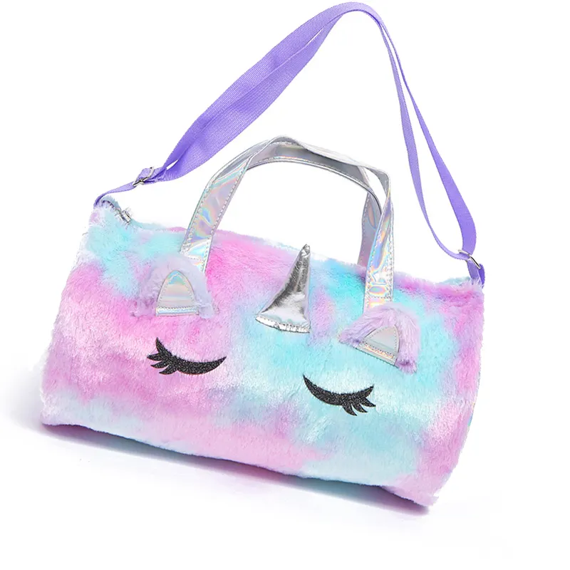 Factory Wholesale Kids 14 inches Duffle Shoulder Bags PU Holographic Strap Purple Blue Gradient Children Fur Unicorn Travel Bag