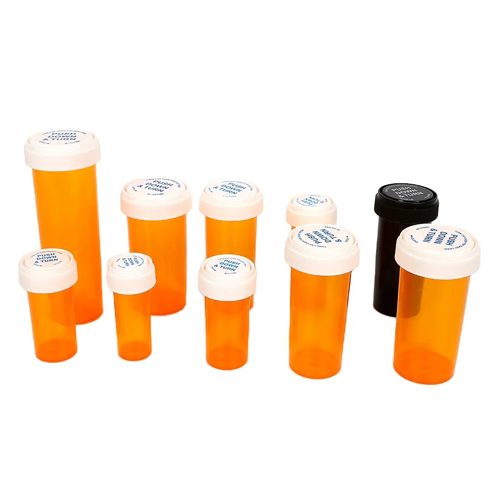 6dr to 60dr RX Pharmacy child resistant reversible thumb tab medical plastic prescription vials