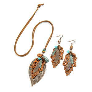 Ensemble collier et boucles d'oreilles feuilles bohèmes en alliage plaqué bronze antique, bijoux de fête pour femmes - Product Image 5