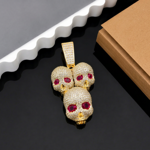Three Skull Diamond Pendant Gold Skull Pendant Iced Out Skull Pendant <b>Ruby</b> Oval Skull <b>Necklace</b> Hip Hop Pendant Lab Grown Diamond - Product Image 1