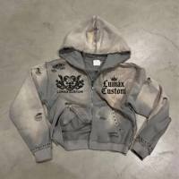 Sweat à capuche vintage en coton respirant, effet délavé, double fermeture éclair, imprimé personnalisé avec strass, en molleton bouclette, pour homme