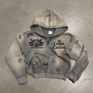 Sweat à capuche vintage en coton respirant, effet délavé, double fermeture éclair, imprimé personnalisé avec strass, en molleton bouclette, pour <span class=keywords><strong>homme</strong></span> - Product Image 1