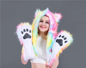 Sweat à capuche en fausse fourrure d'animal, couleur arc-en-ciel, chaud, <span class=keywords><strong>avec</strong></span> <span class=keywords><strong>gants</strong></span>, écharpes - Product Image 3