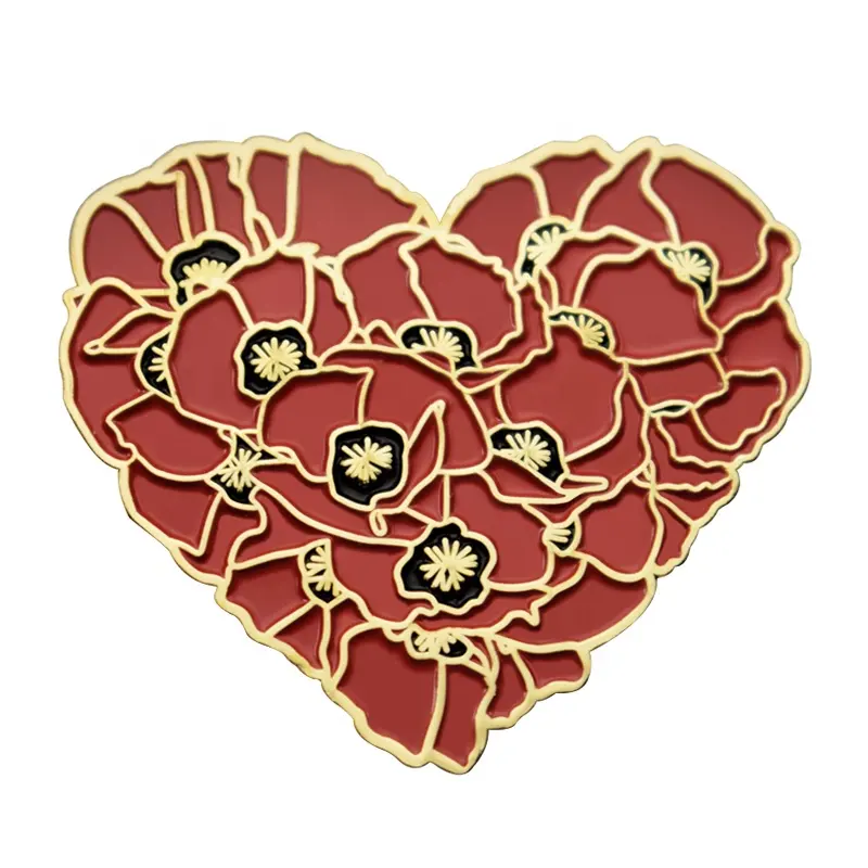 Toptan özel tasarım kırmızı aşk çiçekler mavi tam yıldız altın soğan tozu kalp şeklinde metal rozeti