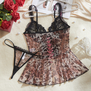 Hot Selling Women's Two-piece Lingerie Set With Leopard Print Lace Seductive <b>Perspective</b> Strap Set for Women's Clothing - Product Image 6