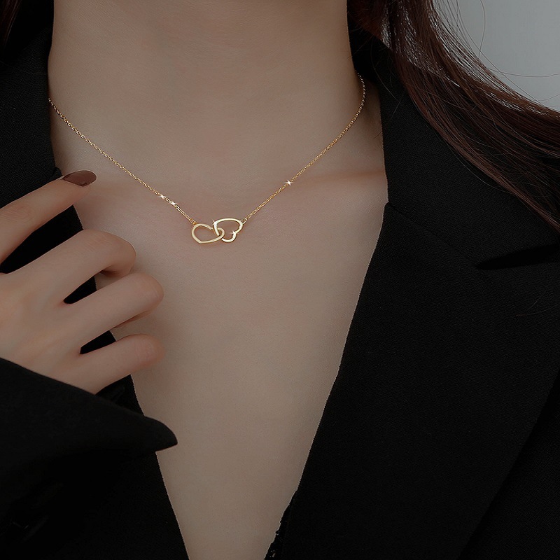 Philip Jones Collana Placcata Oro Con Doppio Cuore E Cristalli Zircondia - Gioiello Elegante Donna