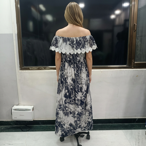 Robe longue à épaules dénudées pour femmes, imprimée numériquement |   Robe d'été décontractée et élégante à ourlet évasé, style bohème, avec bordure en dentelle et doublure en coton - Product Image 3