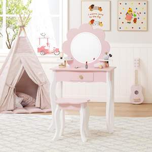 Ensemble de coiffeuse pour enfants en MDF de couleur <span class=keywords><strong>rose</strong></span> et blanche avec miroir lumineux et tiroir, forme de fleur, table de maquillage - Product Image 2