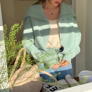 紫色翻领拉链针织马海毛开衫女式秋季休闲挂脖系带柔软毛衣外套海军领上衣 - Product Image 4