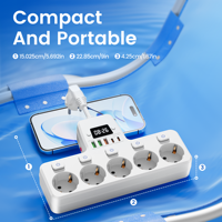 Multiprise avec 5 prises Schuko, 3 ports USB-A, 2 ports Type C, horloge, protection contre les surcharges, cordon d'alimentation 16AWG 5cm pour la maison et le bureau