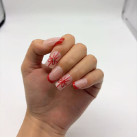 Faux ongles à presser courts carrés, rouge French manucure, base nude avec nœud et strass, en acrylique, cadeau pour filles