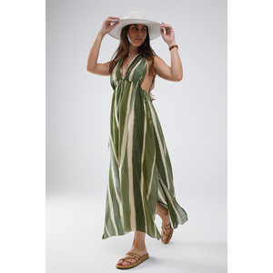 Abito lungo con scollo a V e spacco laterale in verde tie-dye a righe - Product Image 5