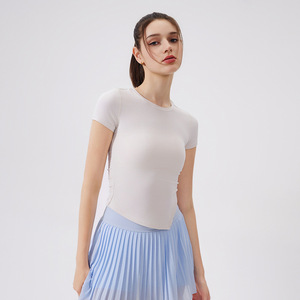 Wholesale Women's Asymmetrical Hem Side Slit Yoga Top Short Sleeve Slim Fit Quick Dry Workout Shirt Breathable Gym Shirt OEM ODM - Product Image 5