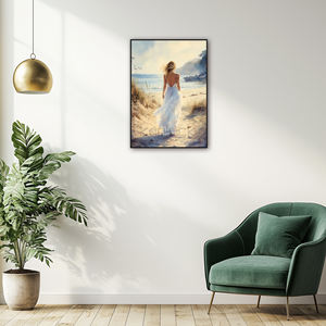 Stampa d'Arte Moderna con Stampa Digitale ad Acquerello <span class=keywords><strong>di</strong></span> Ritratto <span class=keywords><strong>di</strong></span> Donna in Abito Bianco che Cammina verso il Mare al Tramonto con Cornice 40x50cm - Product Image 4