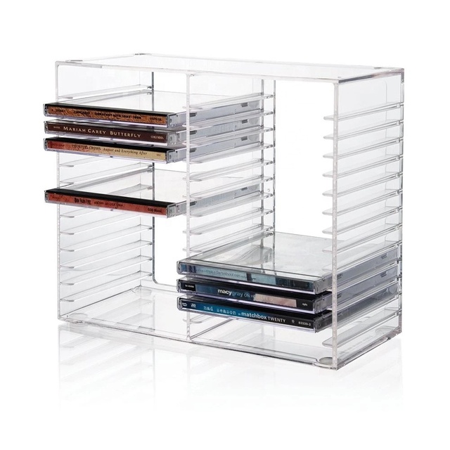Stackable Clear Plastic CD Organizer with Rubber Feet Rectangular Jewel Cases Holder Perfect for Theatre Room