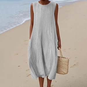 Robe tendance sans manches, col rond, taille élastique, tissu texturé en polyester avec imprimé tortue marine et étoile de mer - Product Image 3
