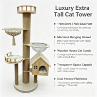 Arbre à chat classique de luxe Pettoyglobal, grand modèle, 173 cm, avec pilier d'escalade en chanvre de 17 cm de épaisseur, maison en bois massif, 4 niveaux et panier en macramé