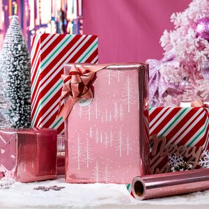 Reversible Christmas Wrapping Paper <b>Pink</b> Winter Forest Tree Design Metallic Foil 17x33 Feet Gift Craft Eco-Friendly - Product Image 5