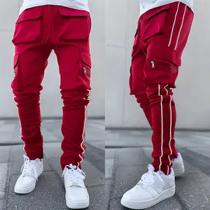 Streetwear Leisure Wholesale Reflective Stripe 6 Multi Pocket Stacked Cargo Track Pants Men