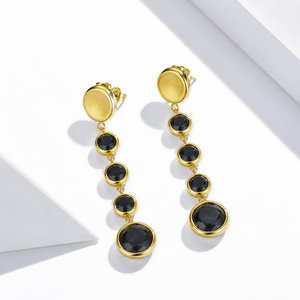 Boucles d'oreilles pendantes linéaires en zircone noire, acier inoxydable plaqué or 14 carats sous vide, bijoux à pierre ronde, 65 mm - Product Image 1
