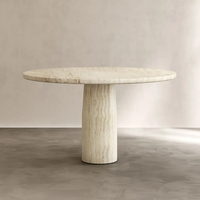 Table à manger ronde en marbre travertin italien de qualité supérieure, mobilier moderne en pierre naturelle avec base sculpturale conique