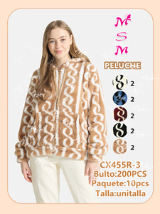 Veste à capuche en fausse fourrure à motif géométrique, fermeture éclair, chaude, décontractée, coupe ample, pour femme - Product Image 3