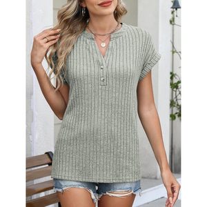 FOXA Womens Short Sleeve Henley Shirt V Neck Ribbed Knit <b>Top</b> Breathable Cotton Summer Tunic Casual Work Blouse - Product Image 3