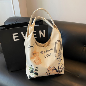 Cute Cartoon Canvas Tote Bag For Women Off White Khaki Fashionable Design Everyday Use Student Commuting Shoulder Bag - Product Image 4