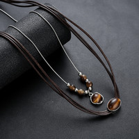 Chaîne de clavicule en cuir marron Meilad Fashion pour hommes, collier avec pendentif en pierre œil de tigre, bijoux