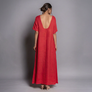 Robe longue en lin rouge pour femme, dos profondement encolonné, manches courtes, coupe ample, tenue décontractée bohème pour l'été et les vacances - Product Image 1