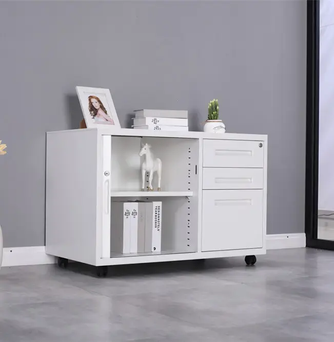 Office Movable Steel Rolling Door File Cabinet 3 Drawer Left Side Straight Pull Mobile Storage Cabinet Wholesale