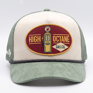Cappellino da camionista personalizzato di alta qualità, effetto camoscio, con cordino e patch vintage da stazione di servizio, retro in rete, visiera curva, OEM, all'ingrosso - Product Image 2