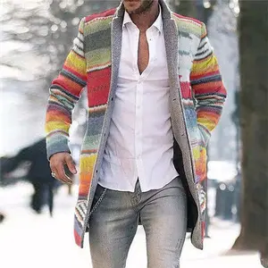 Полосатая рубашка-поло с длинным рукавом и принтом, длинное Мужское пальто большого размера для зимнего 2024 кардигана