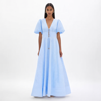 Robe longue maxi personnalisée pour femme, nouvelle mode, rayée bleu et blanc, col en V profond, manches bouffantes, coupe trapèze, taille haute, pour l'été, la plage et les vacances