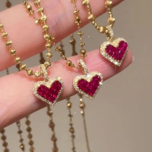 CAIOOCHE Hot Read Crystal Zircon collar corazón amor colgante Bling Collar Cuentas cadena latón 18K oro joyería collar - Product Image 4