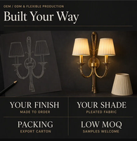 Applique murale LED classique avec abat-jour plissé, finition or antique, double bras, E14 12W, pour miroir de vanité, salle de bain, penthouse, chambre principale