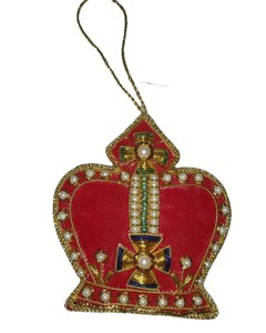 Adorno de corona de terciopelo rojo hecho a mano con bordado dorado zardozi, corona real bordada, decoración navideña - Product Image 5