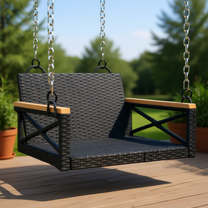 Banco Columpio de Madera Maciza de Acacia con Ratán Negro y Estructura de Acero con Recubrimiento en Polvo, Mueble de Exterior para Patio, 2 Plazas, Diseño Contemporáneo - Product Image 2