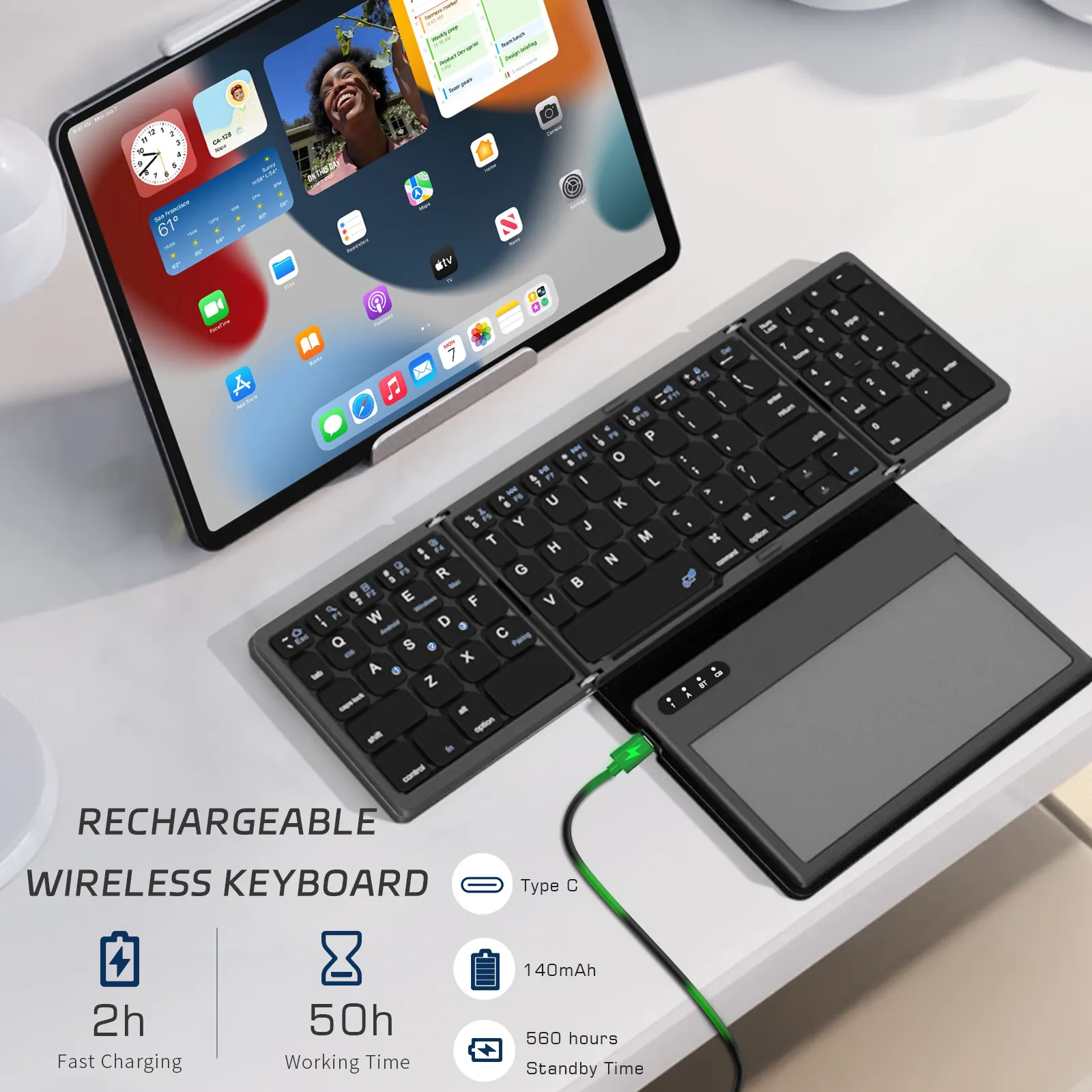 لوحة مفاتيح قابلة للطي مزودة بتقنية Bluetooth مع لوحة لمس كبيرة مناسبة للسفر لوحة مفاتيح مناسبة للكمبيوتر المحمول Mac والهواتف التي تعمل بنظام Windows iOS والأندرويد