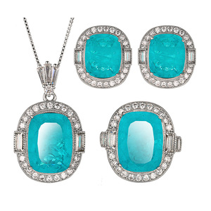 Geometric 12*16-10*12 Cubic Zirconia Pendant <b>Earrings</b> Necklace Set Imitation Blue Paraiba Vintage Gold Wedding Fashion - Product Image 1